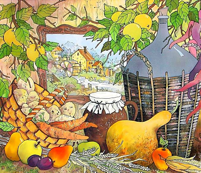 средиземноморский натюрморт - еда, вино, кухня, фрукты, натюрморт, урожай - оригинал