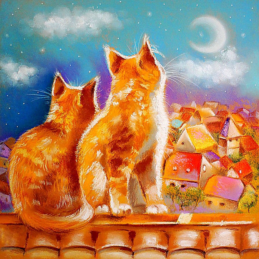 пара романтических кошек - пара, месяц, ночь, крыши, любовь, романтика, город, кошки - оригинал