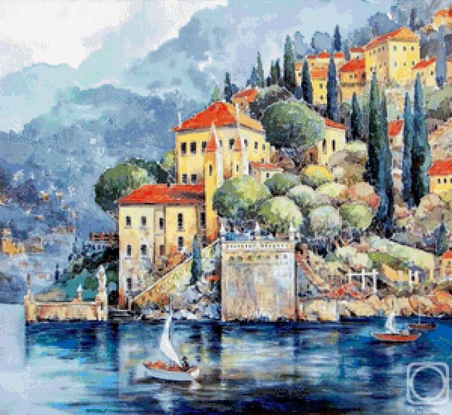 приморский городок - акварель, город, живопись, море, горы, лодки, пейзаж, лето - предпросмотр