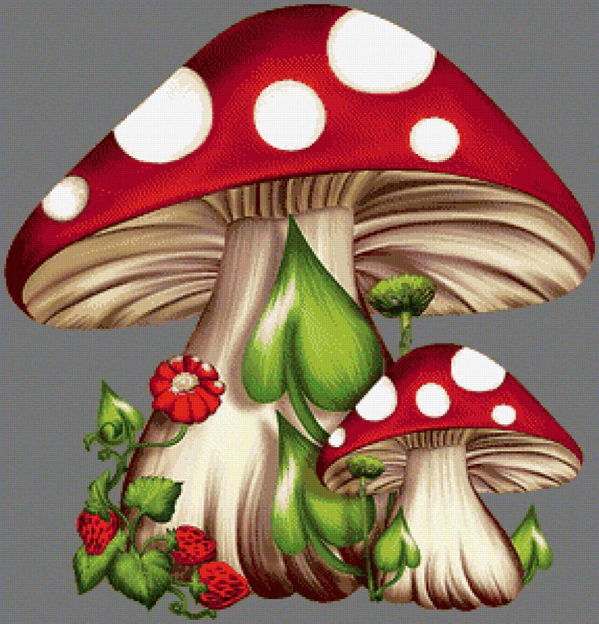 №946369 - лето, сказка, трава, грибы, панно, ягоды, мухомор - предпросмотр