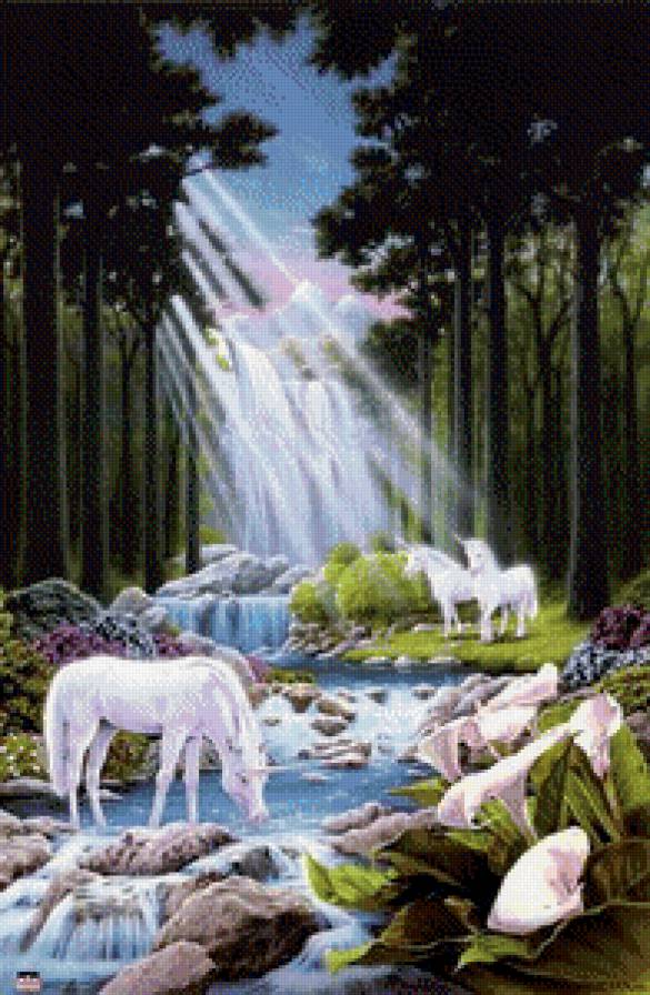 единорог - лошади, лес, ручей - предпросмотр
