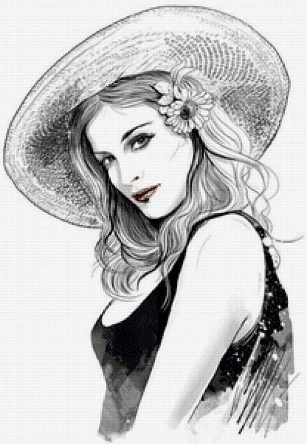 Серия "Женский образ" - шляпка, девушка, черное ибелое, цветы - предпросмотр