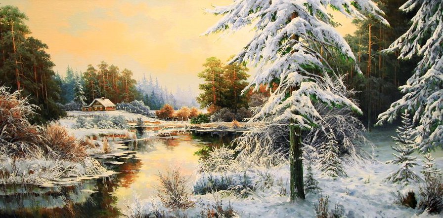 зимний пейзаж - закат, мороз, река, снег, пейзаж, живопись, вечер, природа, зима - оригинал