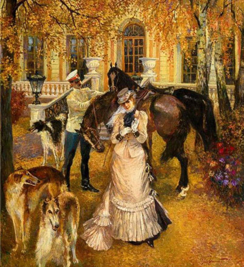 Осень в дворянской усадьбе - осень, собака, люди, лошадь - оригинал