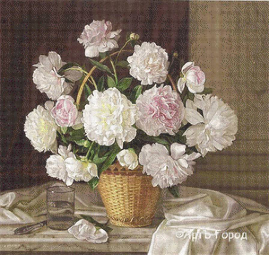 пионы в корзине - натюрморт, пионы - предпросмотр