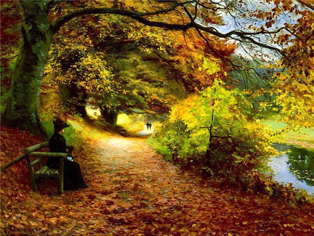 Осенний парк - скамейка. женщина, парк, алея, осень - оригинал