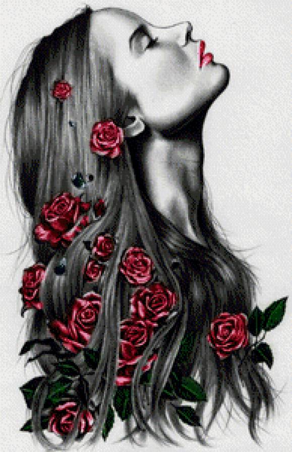 Серия "Женский образ" - розы в волосах, профиль, черное с белое, чувства, девушка - предпросмотр