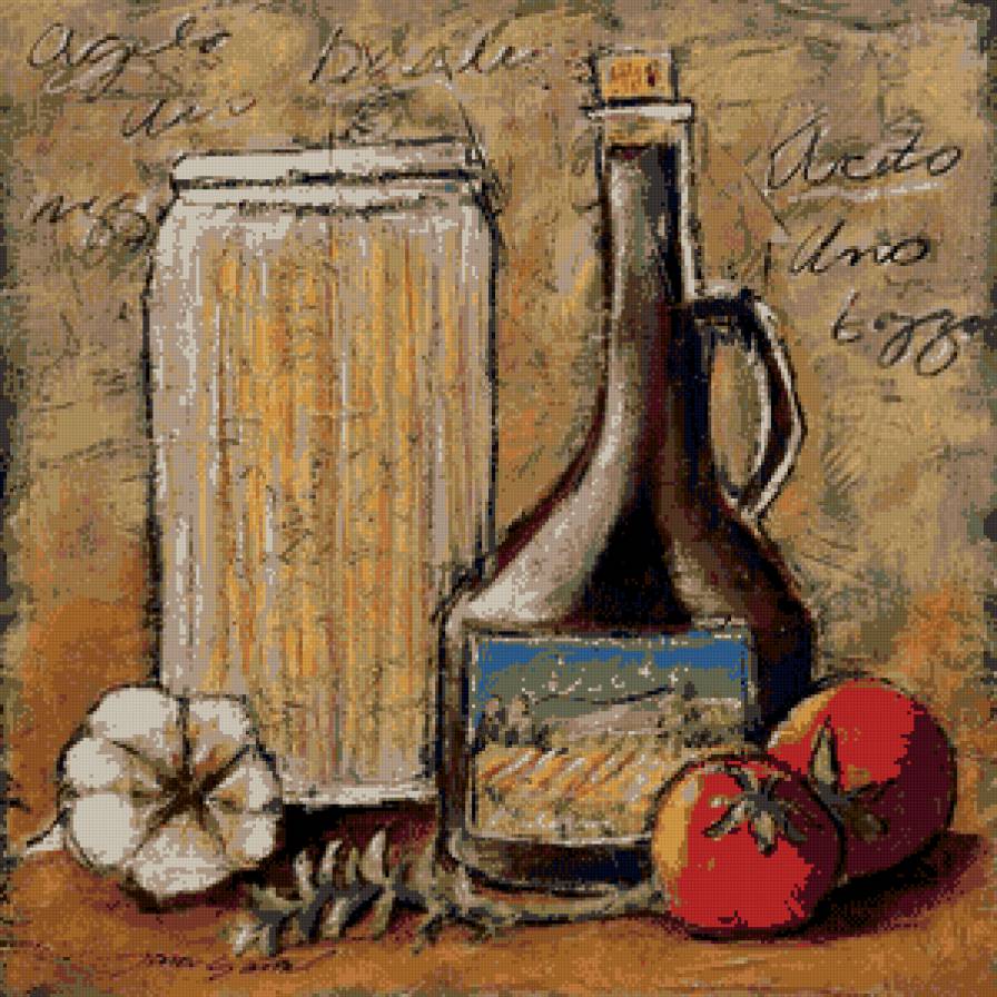 натюрморт на кухню - помидоры, банка, чеснок, томаты, стол, бутылка - предпросмотр