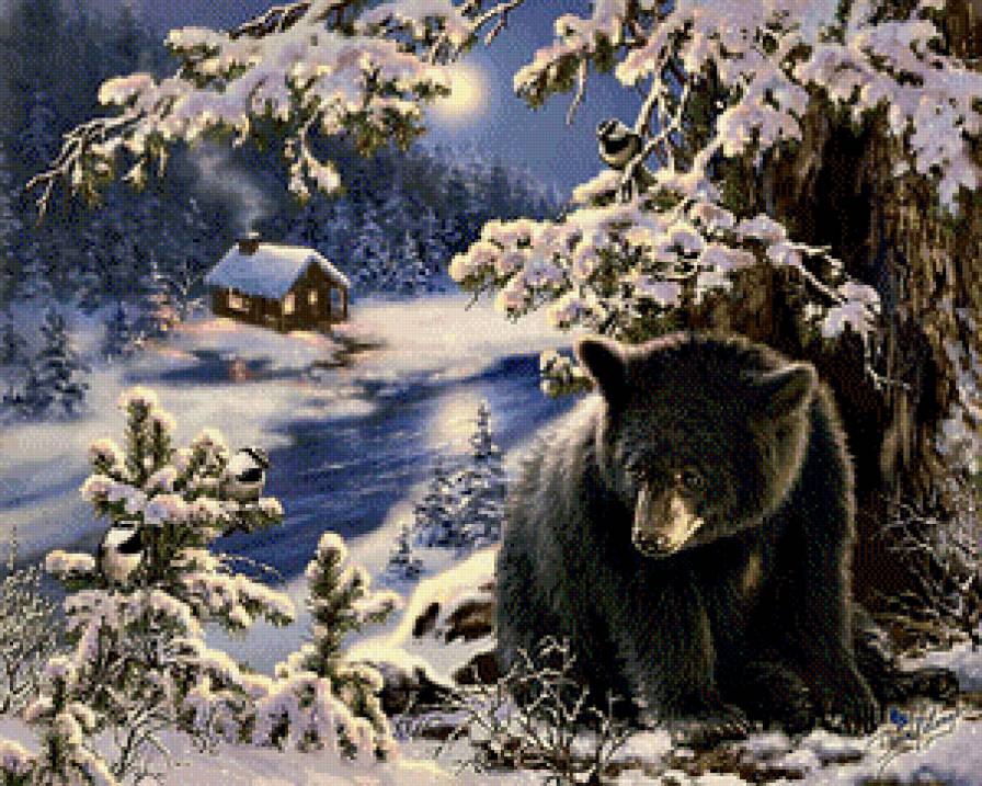 Серия "Дикая природа" Зимняя сказка - снег, птички, речка, медведь, зима, избушка - предпросмотр