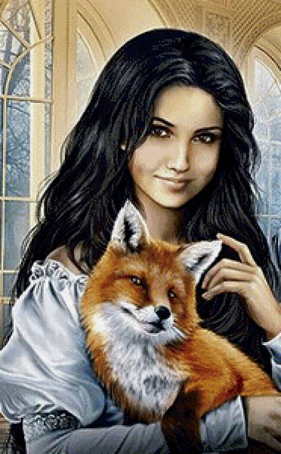 Девушка с лисичкой - животные, девушка, фэнтези, красавица, лиса - предпросмотр