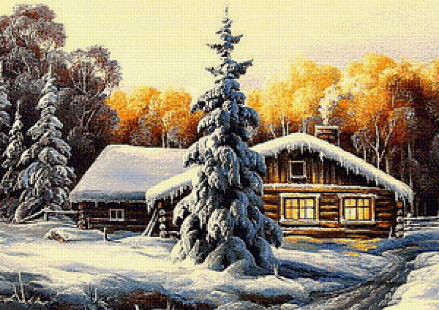 Серия "Дивные пейзажи" - снег, избушка, рассет, лес, зима - предпросмотр