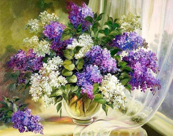 букет сирени - весна, натюрморт, живопись, нежность, букет, ваза, окно, сирень - оригинал