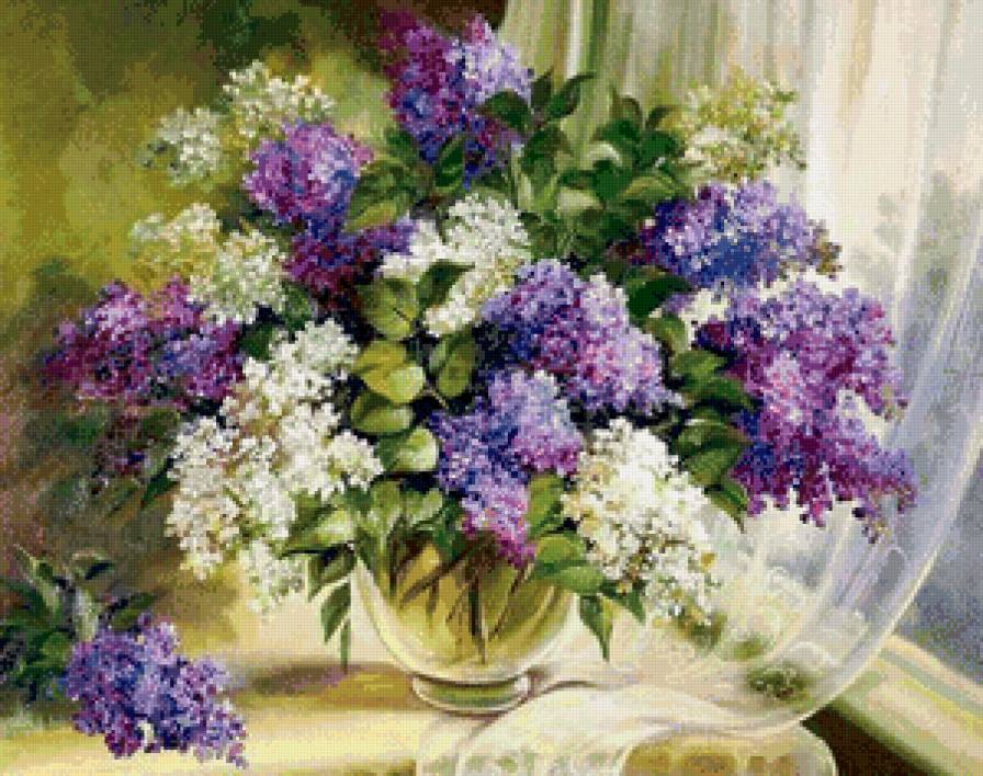 букет сирени - сирень, весна, натюрморт, нежность, живопись, букет, окно, ваза - предпросмотр