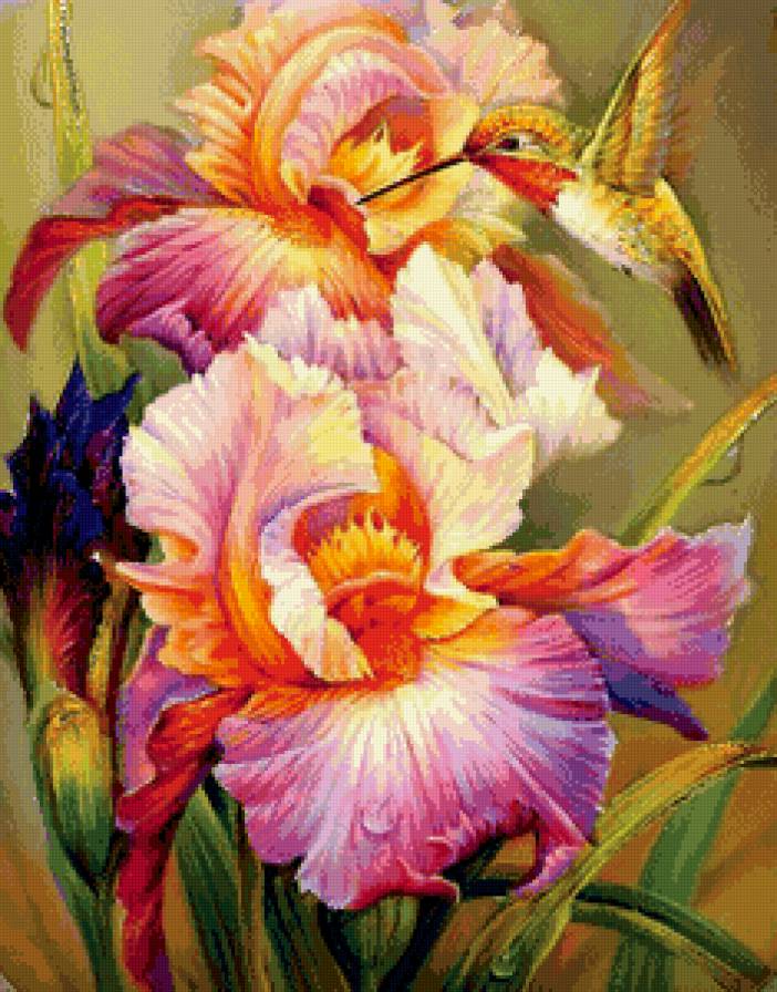 колибри и ирис - живопись, птица, цветок, панно, цветы, колибри, ирис - предпросмотр