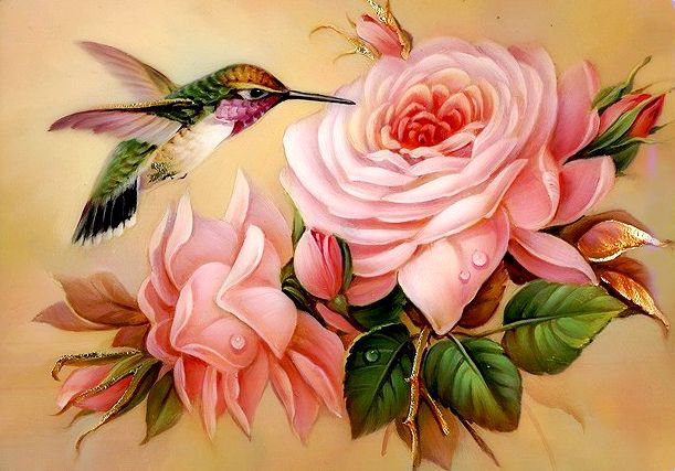 колибри и роза - цветок, роза, панно, птица, колибри - оригинал