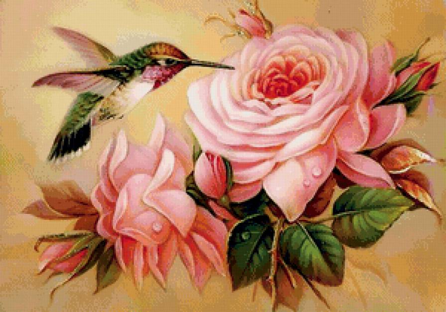 колибри и роза - панно, роза, цветок, птица, колибри - предпросмотр