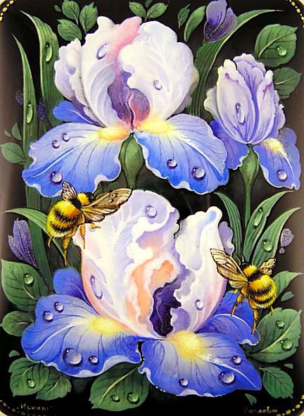 пчёлы на ирисах - насекомые, ирисы, картина, пчелы, роса, цветы - оригинал
