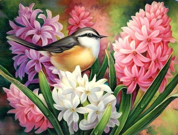 птичка в весенних гиацинтах - весна, картина, цветы, краски, птичка, гиацинт - оригинал