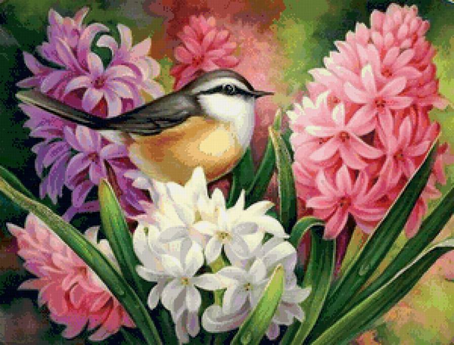 птичка в весенних гиацинтах - картина, гиацинт, весна, птичка, краски, цветы - предпросмотр