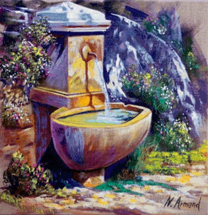 фонтан в саду - фонтан, сад, цветы, живопись, уют - предпросмотр