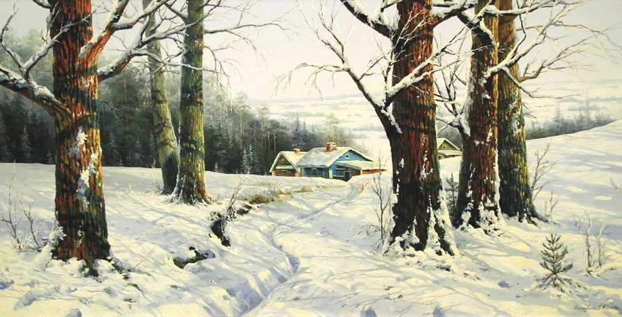 зима в деревне - мороз, домик, пейзаж, деревня, зима, живопись, природа, снег - оригинал
