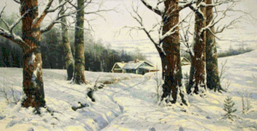 зима в деревне - пейзаж, домик, природа, деревня, зима, снег, живопись, мороз - предпросмотр
