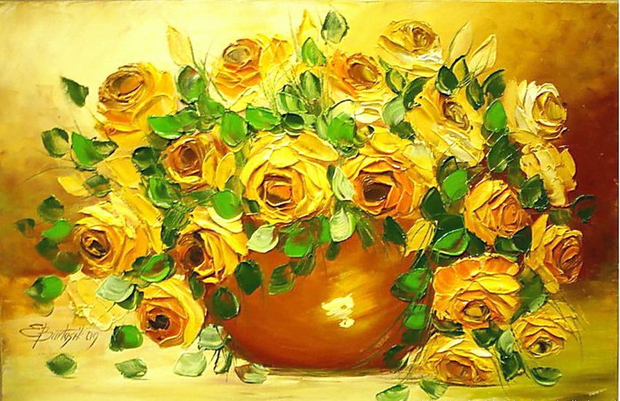 жёлтые розы в вазе - цветы, горшок, букет, ваза, розы, живопись, натюрморт - оригинал