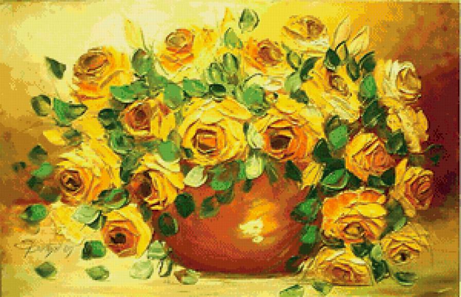 жёлтые розы в вазе - горшок, ваза, розы, цветы, натюрморт, живопись, букет - предпросмотр