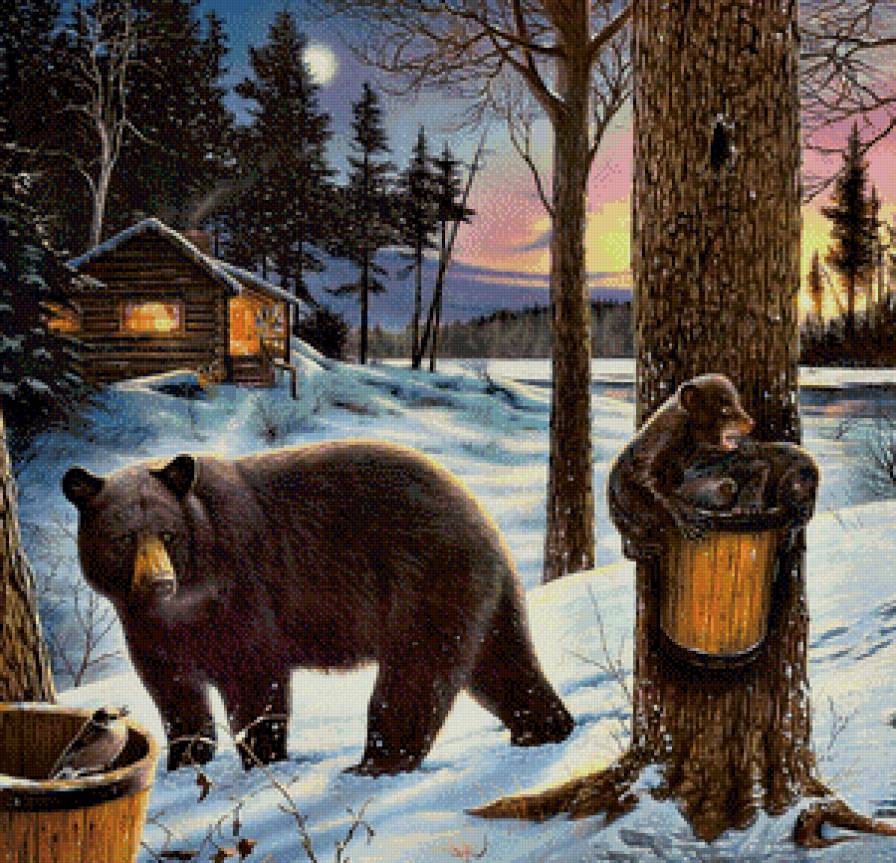Серия "Дикая природа" - картина, медведи, мороз, медвежата, река, снег, зимний пейзаж - предпросмотр