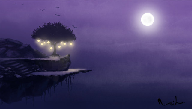 Лунный вечер - луна, япония, вечер, восток, фэнтези, романтика, ночь - оригинал