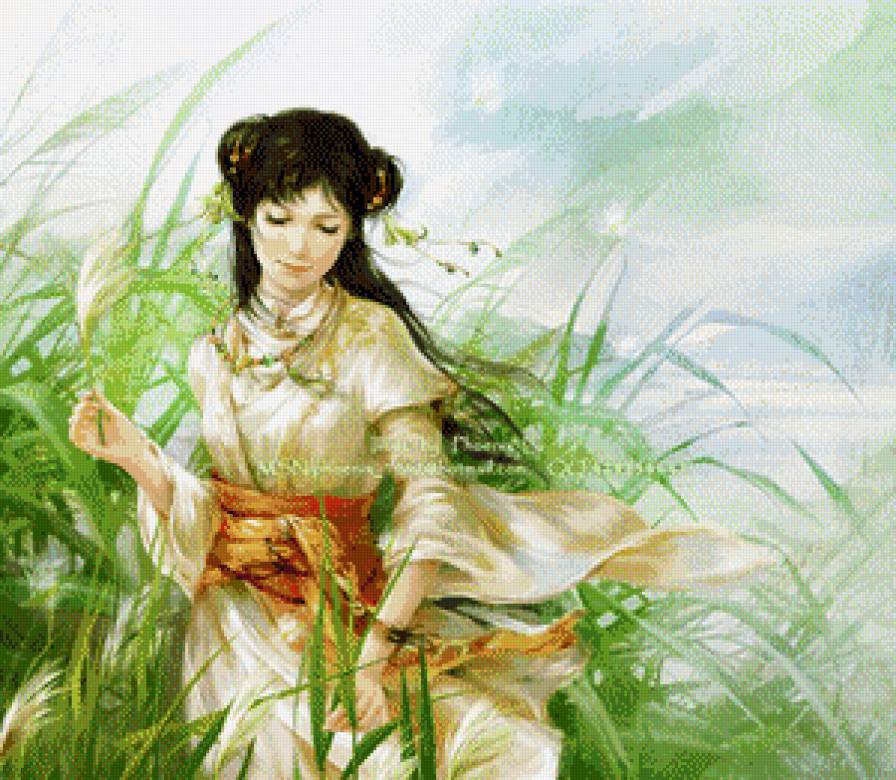 В камышах - япония, фэнтези, аниме, девушка - предпросмотр