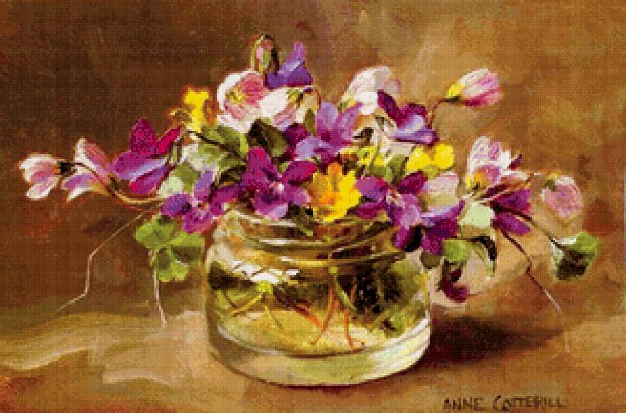 цветы в стеклянной вазе - живопись, букет, ваза, цветы, натюрморт - предпросмотр