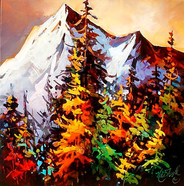 горный пейзаж - пейзаж, деревья, природа, красота, закат, ели, краски, горы - оригинал