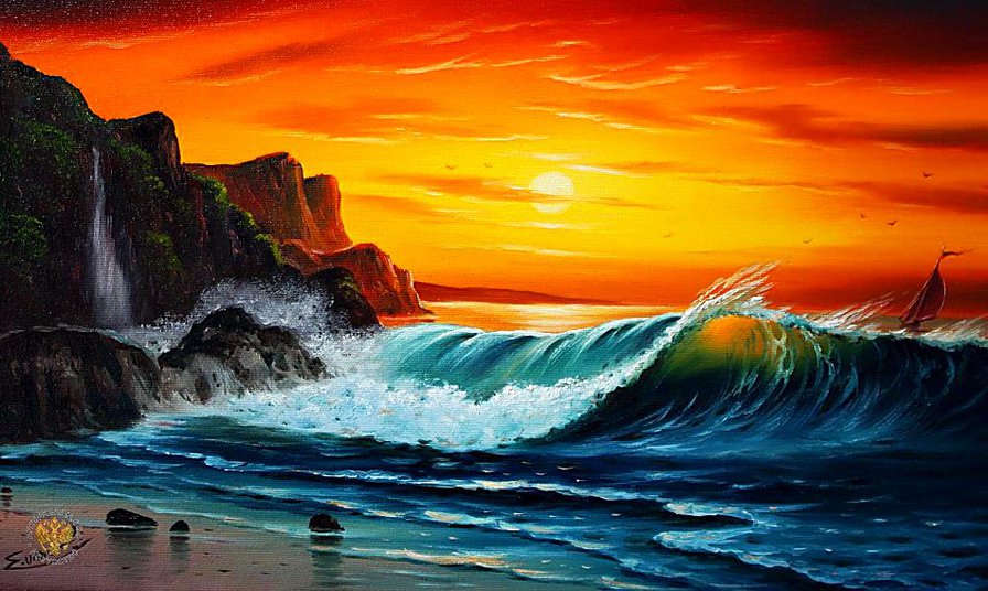 морская волна на закате - скалы, берег, пейзаж, закат, прибой, живопись, море, волны - оригинал