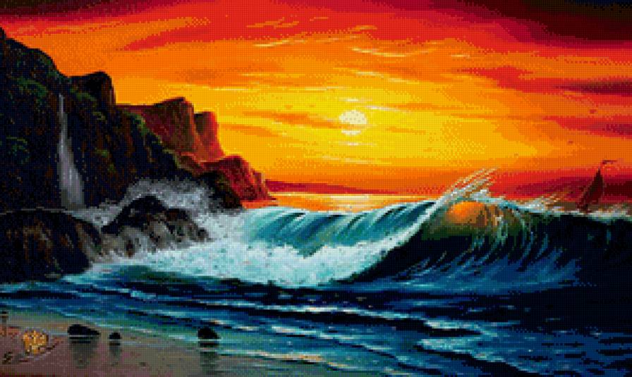 морская волна на закате - пейзаж, море, закат, берег, скалы, живопись, прибой, волны - предпросмотр