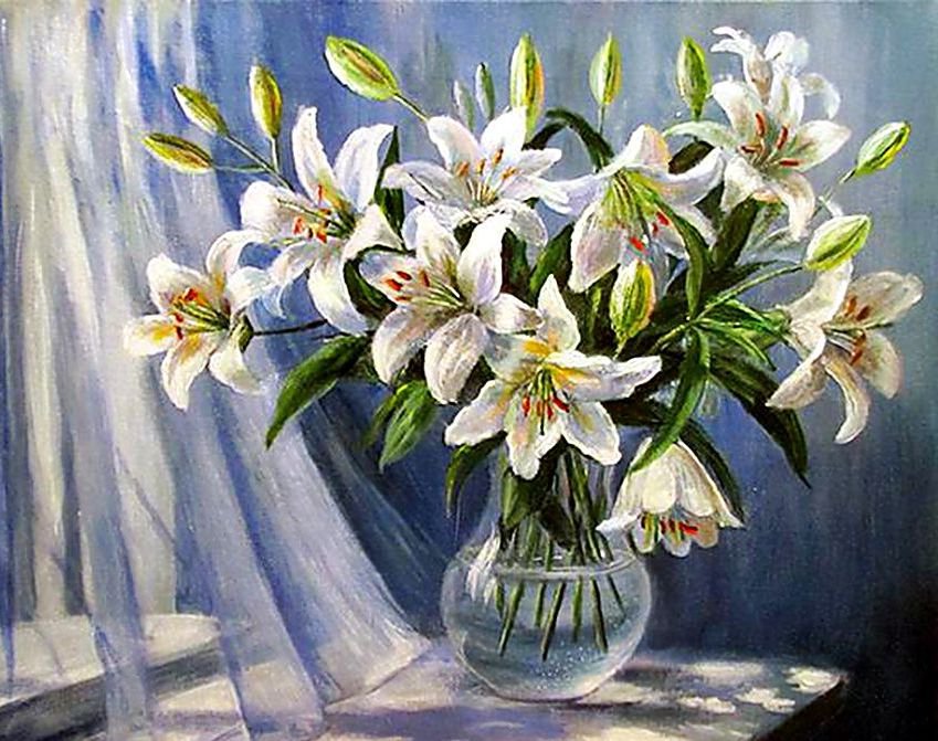 букет белых лилий в вазе - цветы, натюрморт, окно, букет, лилии, живопись, ваза - оригинал
