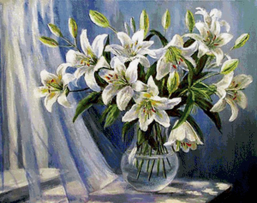 букет белых лилий в вазе - живопись, букет, лилии, ваза, натюрморт, цветы, окно - предпросмотр