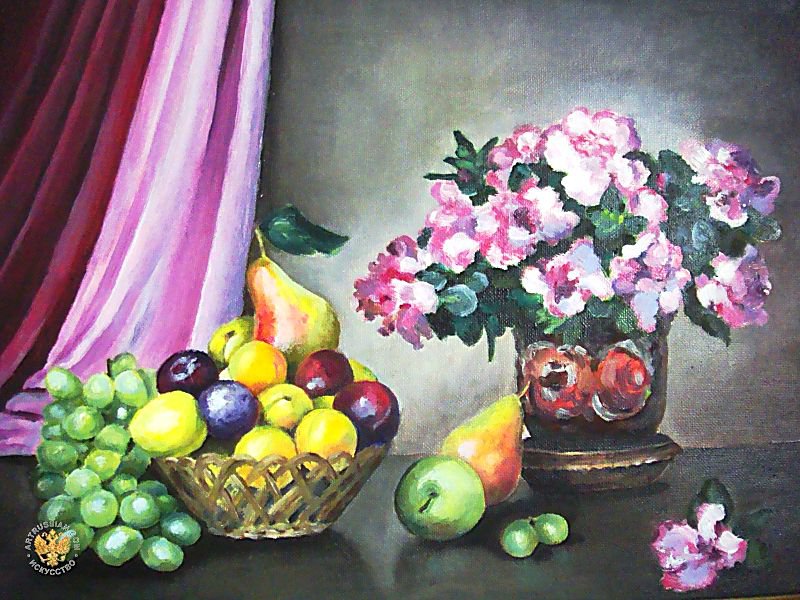 натюрморт с фруктами и цветами - ваза, букет, еда, цветы, фрукты, натюрморт, кухня - оригинал