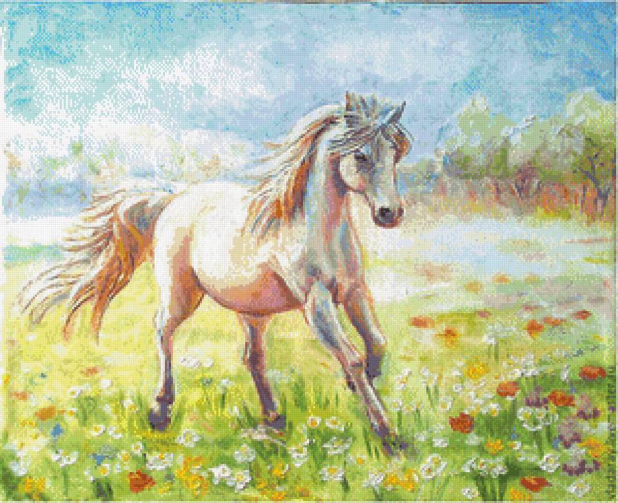 лошадь на лугу - картина, живопись, животные - предпросмотр