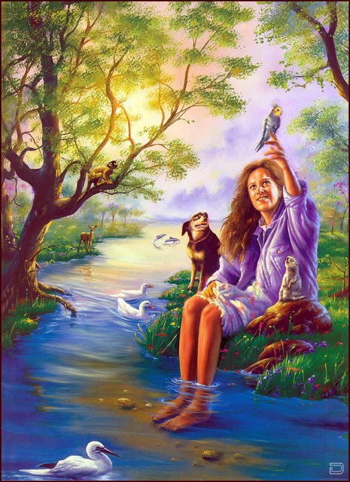 Картина Джима Уоррена - девушка, животные - оригинал