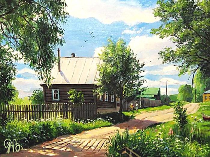 деревенский пейзаж - дом, природа, село, живопись, деревня, пейзаж, дорога, лето, сад - оригинал
