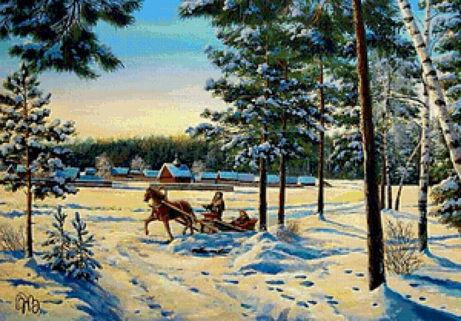 морозная зима в деревне - живопись, снег, лошадь, зима, телега, пейзаж, мороз, деревня - предпросмотр