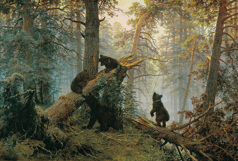И.Шишкин,К.Савицкий. "Утро в сосновом лесу" - животные, медведи, пейзаж, утро, туман, живопись, лес, шишкин, картина - оригинал