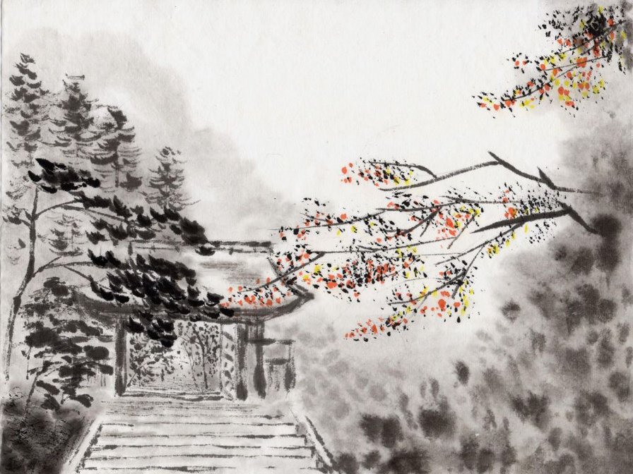 Карандашный рисунок - япония, природа, монохром - оригинал
