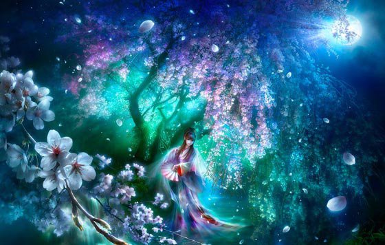 Лунный коллаж - природа, сакура, девушка, фэнтези, япония - оригинал
