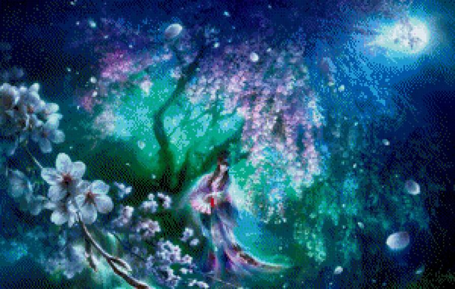 Лунный коллаж - сакура, природа, девушка, япония, фэнтези - предпросмотр