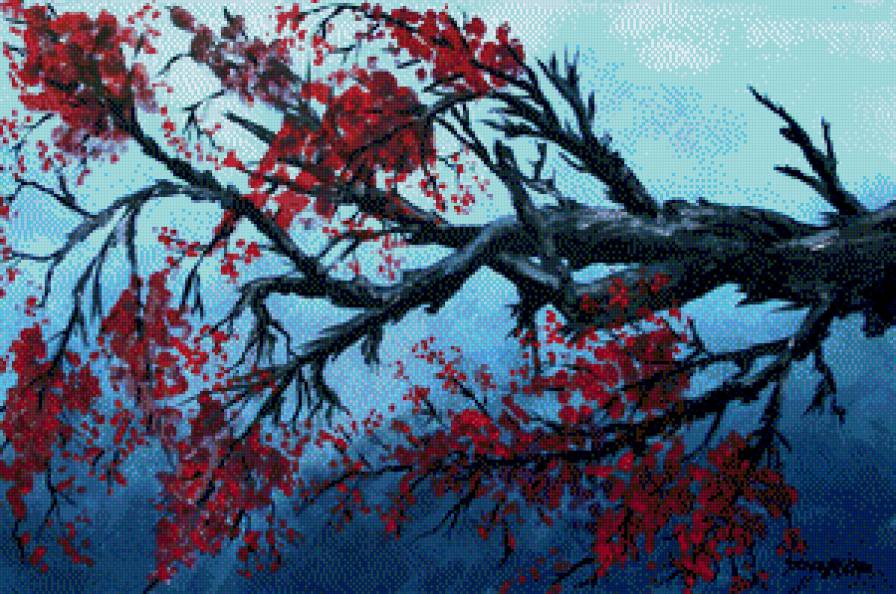 Ветка вишни в сумерках - природа, япония, сакура - предпросмотр