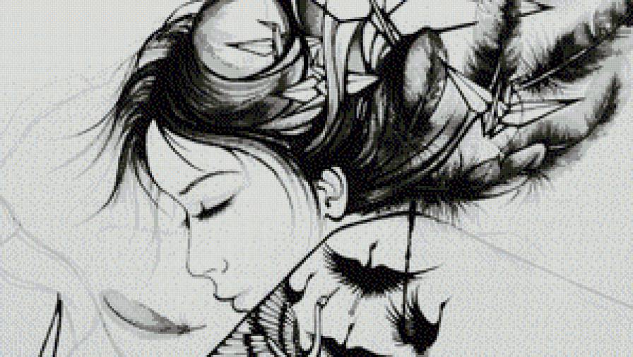 Арт - япония, фэнтези, девушка, женщина, монохром, аниме - предпросмотр