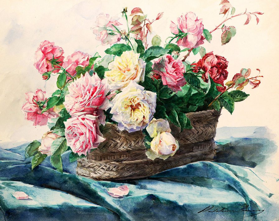 розы в корзине - живопись, цветы, корзина, натюрморт, букет, нежность, розы - оригинал