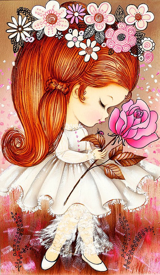девочка с розой - девочка, роза, дети, кукла, рыжая, детское, рисунок - оригинал